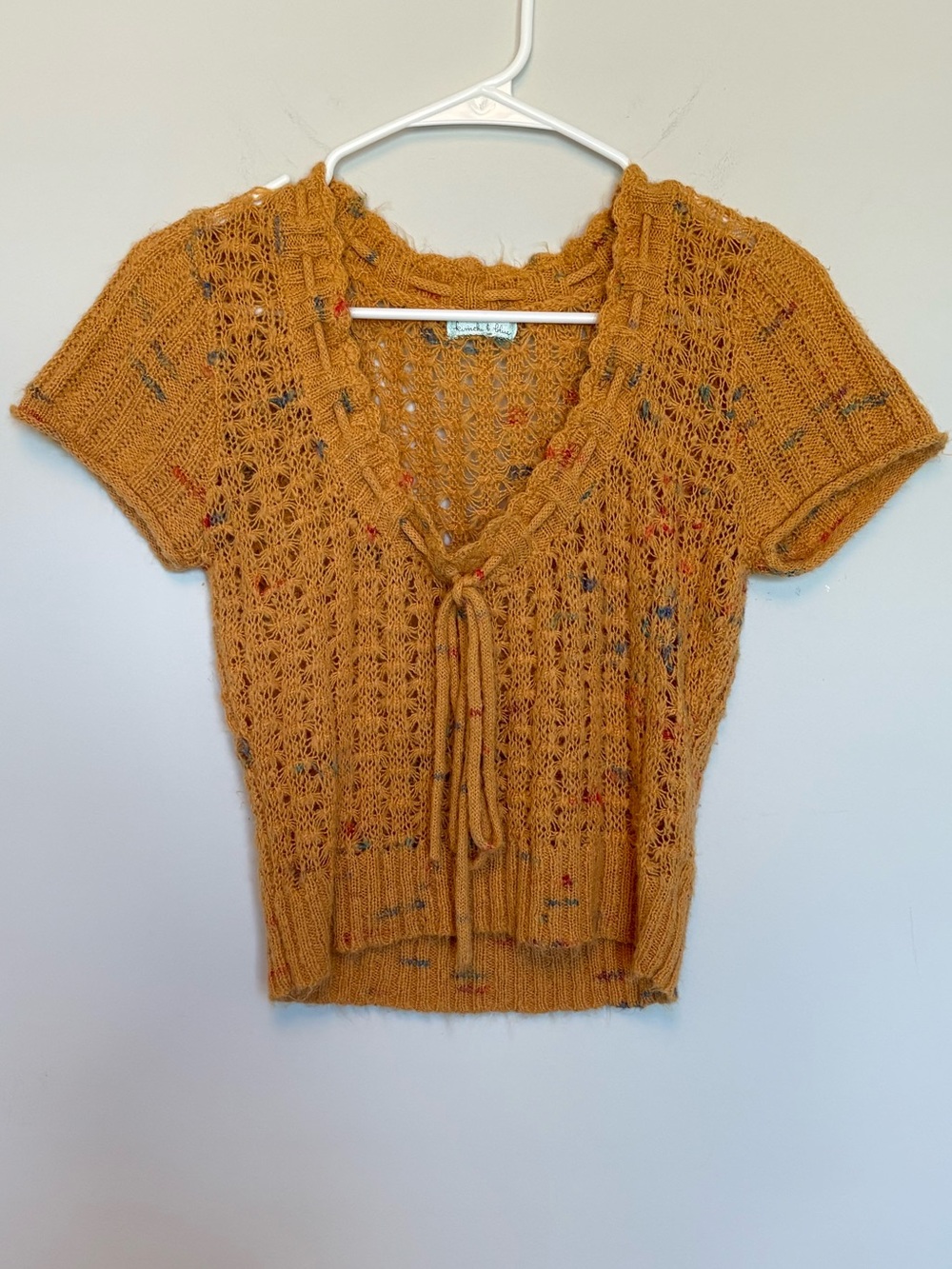 Kimchi Blue Yellow Golden Knit Short Sleeve Sweater Tie Front Crop Size Small